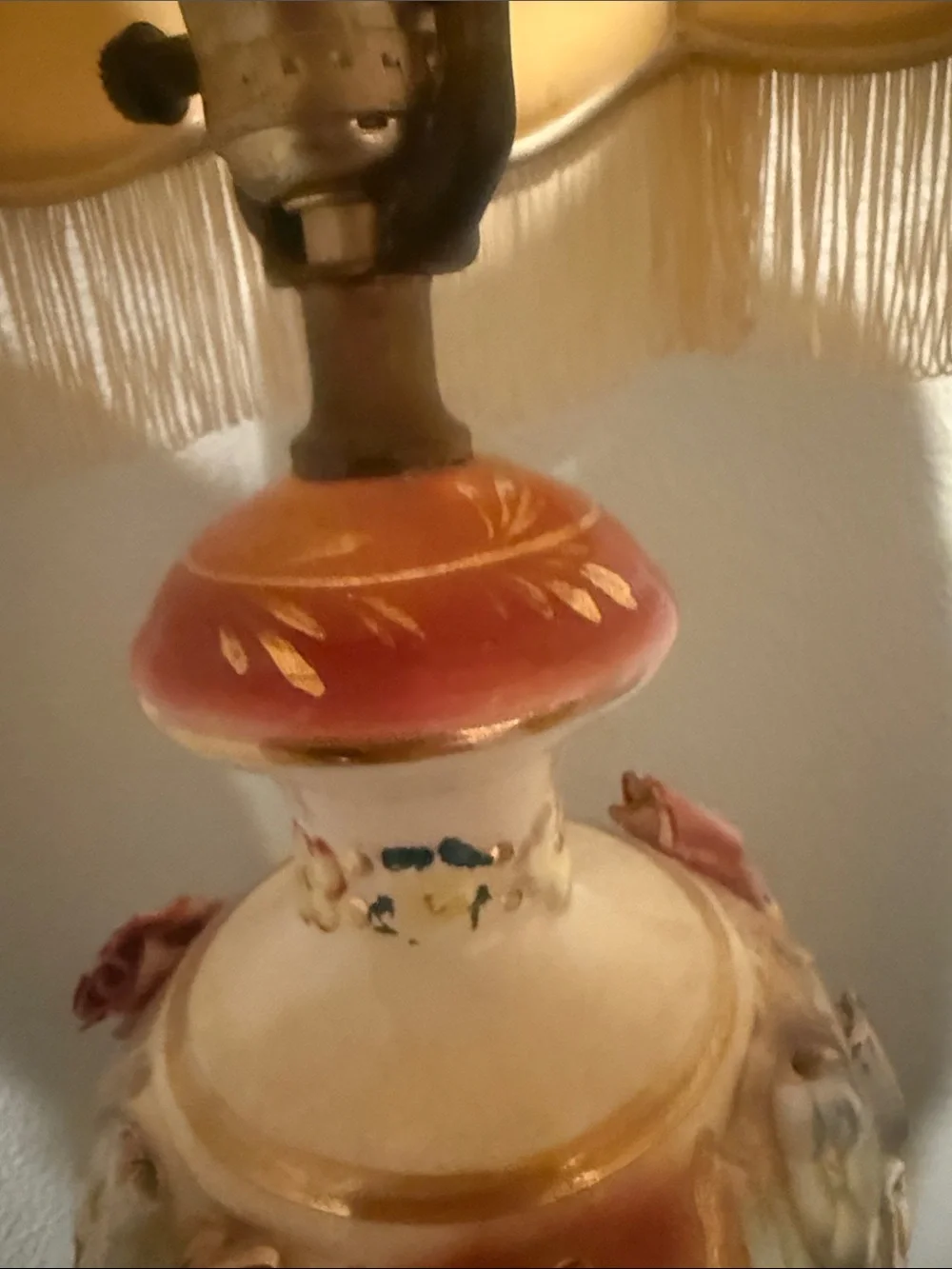 Ornate Cream Floral Table Lamp with Fringe Shade - Set of 2